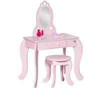 HOMCOM Coiffeuse Enfant Design Girly avec Motifs à Coeur - Tabouret Inclus - dim. 60L x 36l x 88H cm - tiroir, Miroir - MDF - Rose