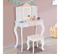 IDMarket - Coiffeuse Enfant Roza LED Blanche et Rose avec 3 miroirs et Tabouret