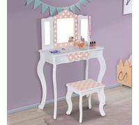 Coiffeuse enfant ROZA blanche et rose avec 3 miroirs et tabouret