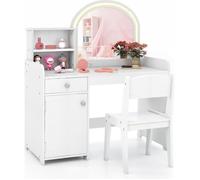 Coiffeuse Enfants COSTWAY avec Miroir LED et Chaise pour Filles, 2 Étagères et Tiroir Porte en Bois Blanc