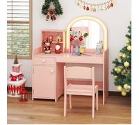 Coiffeuse Enfants COSTWAY avec Miroir LED et Chaise pour Filles, 2 Étagères et Tiroir Porte en Bois Rose