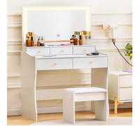Coiffeuse et table de maquillage avec miroir LED à luminosité réglable, 5 tiroirs de rangement et tabouret rembourré inclus, Blanc