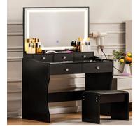 Coiffeuse et table de maquillage avec miroir LED à luminosité réglable, 5 tiroirs de rangement et tabouret rembourré inclus, Noir