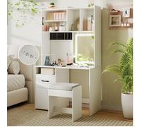 Coiffeuse et Tabouret avec Miroir COSTWAY, Lumières Réglables, Station de Charge, 3 Modes d'Éclairage, Tiroir, Rangement de Bijoux