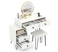 Coiffeuse et Tabouret Rotatif COSTWAY, Miroir et Lumières Réglables, Station de Charge, 4 Tiroirs Coulissants, Compartiment Ouvert