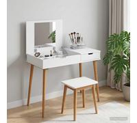 Coiffeuse FAUSKE - Blanc - 100 x 50 x 78 cm - Avec miroir rabattable et | Bois et pin, design miroir pliant, tiroir coulissant, compartiments et étagères, effaçable à sec