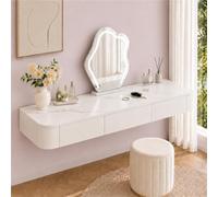 Coiffeuse Flottante avec Tiroirs, Table De Maquillage Murale Moderne | Bois Massif, Glissières Fluides, Coins Arrondis Et Surface Épurée - Studio, Coin Beauté(White+Sintered Stone,100cm)