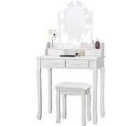 coiffeuse giantex avec 10 ampoules, 75x40x145cm blanc, table de maquillage avec tabouret, miroir ovale, interrupteur et 4 tiroirs Blanc G