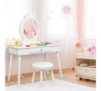 COSTWAY Coiffeuse Enfant avec Tiroir et tabouret, Table de Maquillage de Filles Style Princesse Européenne Blanc