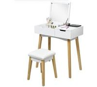 Coiffeuse GIANTEX Blanche Table de Maquillage avec 1 Miroir Carré Rabattable,1 Tabouret Capitonné,1 Tiroir et 1 Compartiment de Rangement