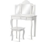 Coiffeuse GIANTEX Enfant avec Tabouret ,Blanc, 70 x 34 x 103 CM, Table de Maquillage avec Miroir à Trois Panneaux et Tiroir Blanc G