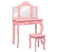 Coiffeuse GIANTEX Enfant avec Tabouret Rose, 70 x 34 x 103 CM, Table de Maquillage avec Miroir à Trois Panneaux et Tiroir Rose G