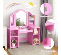 COSTWAY Coiffeuse pour Enfants 2 en 1 avec Miroir Amovible, Bureau Enfant avec 4 Étagères de Style Princesse pour Filles, Rose