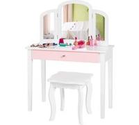 Coiffeuse pour Enfants 2 en 1 avec Miroir Amovible et Pliable, 1 Grand Tiroir Style Princesse Blanc
