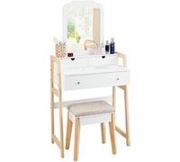 coiffeuse giantex table de maquillage à 2 niveaux avec 3 tiroirs 1 miroir ( hauteur réglable ) et 1 tabouret rembourré blanche Blanc G