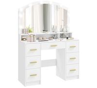 Coiffeuse - HOMCOM - avec miroir, lumières led réglable 3 couleurs, 7 tiroirs, 3 compartiments ouverts - bois - blanc