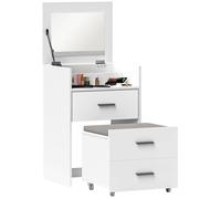 Coiffeuse - HOMCOM - miroir relevable et tabouret à roulettes - 2 tiroirs, coussin amovible - MDF - 50 x 40 x 113,5 cm - blanc