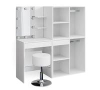 Coiffeuse Isabelle, 140cm avec LED, tabouret et armoire, Blanc, Vicco 34455