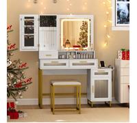 Coiffeuse LED Blanc - Station Charge USB/Prise - Miroir HD 3 Couleurs - Tabouret Inclus - Coffret Bijoux - Rangement