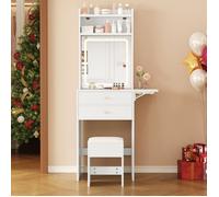 Coiffeuse LED blanche O.Ye 75x156x45cm avec tabouret-2 tiroirs,2 compartiments ouverts et plateau pliable de multicolore COIFFEUSE