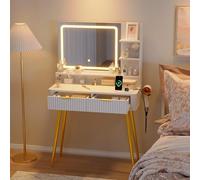 Coiffeuse LED Moderne avec Miroir Lumineux - Table de Maquillage 80 cm, 3 Couleurs d'Éclairage Réglable, 2 Tiroirs et Prise USB Intégrée - Design Cannelé Bois Naturel pour Chambre