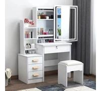 Coiffeuse, lumières LED avec luminosité réglable, coiffeuse avec miroir, 4 tiroirs, 6 étagères de rangement, table de maquillage avec miroir et tabouret, coiffeuse avec miroir éclairé, commode de