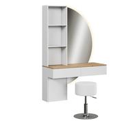 Coiffeuse Melora, 100cm avec miroir LED et tabouret, Blanc/Chêne, Vicco 58450