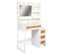 Coiffeuse MIRACLAS avec Miroir LED 3 Couleurs - 4 tiroirs - 92 cm - Bois Blanc et rotin - Prises USB intégrées - Table de Maquillage Moderne