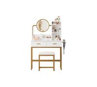 Coiffeuse - Miroir pivotant LED - 2 tiroirs - Prise USB intégrée - Pieds métal doré
