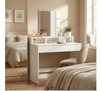 Coiffeuse Moderne avec Miroir Large, 2 Tiroirs, Table de Maquillage, 3 Compartiments Ouverts, Chambre, Blanc