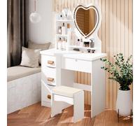 Coiffeuse Moderne Blanche avec Miroir Cœur LED Réglable, Tabouret Inclus, 4 Tiroirs de Rangement, Table de Maquillage Éclairage Ajustable pour Chambre et Maison