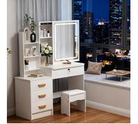 Coiffeuse moderne blanche avec miroir LED réglable, avec 4 tiroirs, Table de maquillage compacte pour chambre style contemporain
