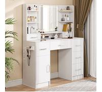 Coiffeuse moderne blanche avec miroir LED réglable, avec 7 tiroirs, support sèche-cheveux et station de charge USB, très pratique
