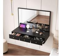 Coiffeuse Murale Noire avec Miroir - Table de Maquillage Suspendue avec 3 Tiroirs et Porte-Gobelet - 100x45x105 cm