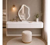 Coiffeuse Murale Suspendue, Table De Maquillage Murale en Bois Massif | Bois Massif, Coins Arrondis, Glissières Silencieuses Et Rangement Discret - Chambre, Dressing(White+Sintered Stone,80cm)