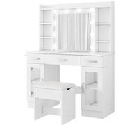 Coiffeuse,OMOZUN,coiffeuse avec miroir à LED,prise électrique et port USB,équipée d'un support pour sèche-cheveux,de 3 tiroirs,de 2 placards à portes,d'un compartiment de rangement,d'un tabouret et de