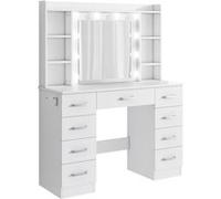 Coiffeuse,OMOZUN,coiffeuse équipée d'un miroir à LED,d'une prise électrique et d'un port USB,avec support pour sèche-cheveux,9 tiroirs, un compartiment de rangement,un tabouret et 3 modes d'éclairage,