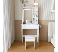 Coiffeuse Petite coiffeuse blanche avec miroir LED, tabouret et rangement - Éclairage réglable, place pour chambres 60x36x136cm