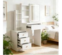 Coiffeuse Plateau Double Niveau, Miroir LED Tactile Réglable, 4 Tiroirs, 33 x 80, 5x 125,5 cm, Blanche, Sans Tabouret