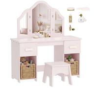 Coiffeuse pour enfant - AIYAPLAY - tabouret et miroir à trois volets - 2 tiroirs et 2 placards - bois - 79,5 x 33 x 90,7 cm - rose
