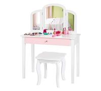 Coiffeuse pour Enfants 2 en 1 avec Miroir Amovible et Pliable, 1 Grand Tiroir Style Princesse Blanc