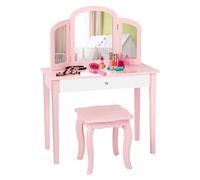 Coiffeuse pour Enfants 2 en 1 avec Miroir Amovible et Pliable, 1 Grand Tiroir Style Princesse Rose
