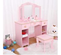 Coiffeuse pour Enfants 2 en 1 avec Miroir Amovible,tabouret,Bureau Enfant avec 4 Étagères de Style Princesse pour Filles, Rose