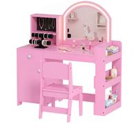AIYAPLAY Coiffeuse pour Enfants avec Tabouret et Miroir LED, Coiffeuse Fille en Bois avec tiroir, Placard, 2 Compartiments Ouverts et 3 étagères, Table de Maquillage pour 3 à 8 Ans, Rose