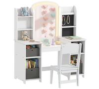 AIYAPLAY Coiffeuse pour enfants avec tabouret et miroir LED, coiffeuse fille en bois avec tiroirs en tissu, étagères ouvertes et crochets à bijoux, table de maquillage pour 3 à 8 ans, blanc
