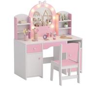 Coiffeuse pour enfants - AIYAPLAY - tabouret et miroir lumineux à 2 couleurs en acrylique - 3-8 ans - bois - 90x41x104cm - rose