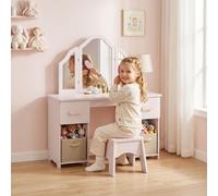 Coiffeuse pour enfants avec tabouret et miroir à trois volets en acrylique, 2 tiroirs et 2 placards, rose, 79,5 x 33 x 90,7 cm