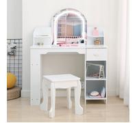 Coiffeuse pour Enfants avec Tabouret et Miroir LED, Coiffeuse Fille avec Tiroirs, Étagère, Maquillage pour Enfants 3+ ans Blanc