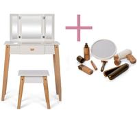 Coiffeuse pour enfants avec tabouret et set de coiffure de 9 pièces dans un sac en bois 58 x 30 x 61 cm.