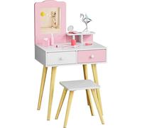 Coiffeuse pour enfants en bois - Coiffeuse avec tabouret - 2 tiroirs - Miroir amovible - 60×40×108 cm - Âge 3+ - Rose et blanc
